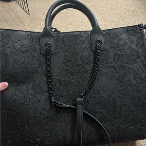 Betsey Johnson Black Embossed Skull Paisley Tote with Chain Detail